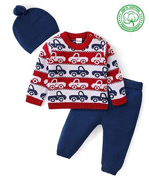 Babyhug Cotton Knit Full Sleeves Sweater Set with Cap & Vehicles Design - Red