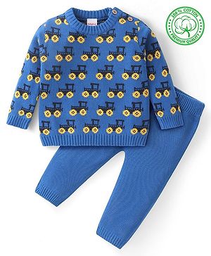 Babyhug Cotton Knit Full Sleeves Sweater Set With Vehicle Design - Blue