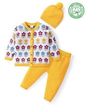 Babyhug Cotton Knit Full Sleeves Front Open Sweater Set With Floral Design & Cap - Yellow
