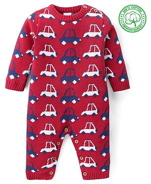 Babyhug Cotton Knit Full Sleeves Winter Wear Romper with Vehicles Print - Red