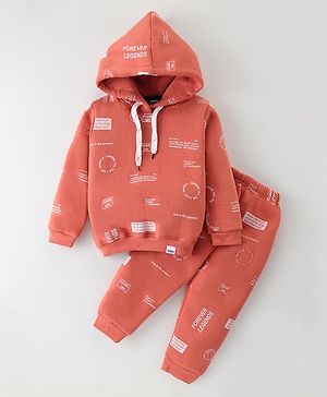 Teddy Fleece Knit Full Sleeves Hooded Printed Winter Wear Co-Ord Suit - Red