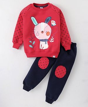 Teddy Fleece Knit Raglan Sleeves Winter Wear Suit With Kitten Print - Red