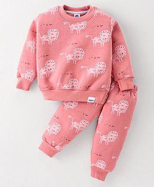 Teddy Cotton Fleece Knit Full Sleeves Winterwear T-Shirt & Lounge Pant Set with Tiger Print - Peach