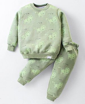 Teddy Cotton Fleece Knit Full Sleeves Winterwear T-Shirt & Lounge Pant Set with Tiger Print - Green