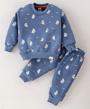 Teddy Fleece Knit Full Sleeves Winter Wear T-Shirt & Lounge Pant Set Boat Print - Blue