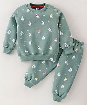 Teddy Fleece Knit Full Sleeves Winter Wear T-Shirt & Lounge Pant Set Boat Print - Sea Green