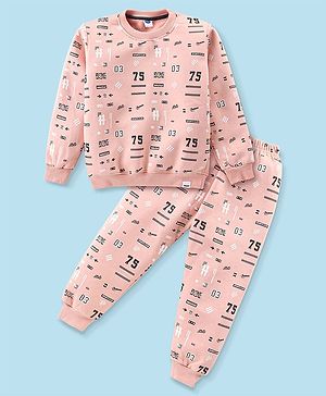 Teddy Fleece Knit Full Sleeves Winter Wear Co-Ord Suit With Text Print - Peach