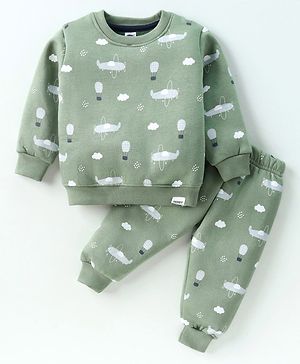 Teddy Fleece Knit Full Sleeves Winter Wear Co-Ord Suit With Airplanes Print - Mint Green