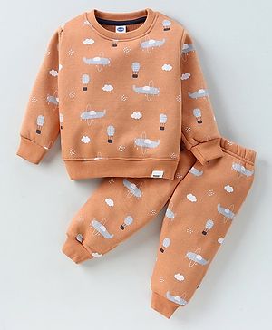 Teddy Fleece Knit Full Sleeves Winter Wear Co-Ord Suit With Airplanes Print -  Light Brown