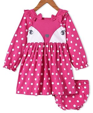 Babyhug Single Jersey Knit Full Sleeves Polka Dot Printed Frock With Bloomer & Bow Applique - Dark Pink