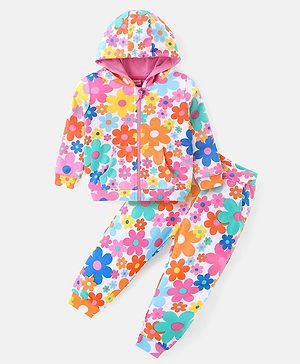 Babyhug Cotton Knit Full Sleeves Hooded Front Zipper Floral Printed Top & Lounge Pants Co-Ord Set - Multicolor