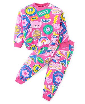 Babyhug Cotton Knit Full Sleeves Text Printed T-Shirt & Lounge Pants Co-Ord Set - Pink