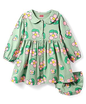 Babyhug Full Sleeves Floral Printed Frock With Peter Pan Collar & Bloomer - Light Green