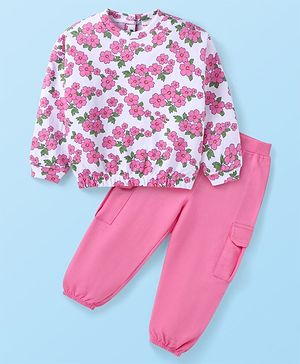 Babyhug Cotton Knit Full Sleeves Floral Printed Top & Lounge Pants Set - Pink & White
