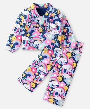 Babyhug Cotton Knit Full Sleeves Floral Printed Shirt Style Top & Lounge Pants Co-Ord Set - Multicolor