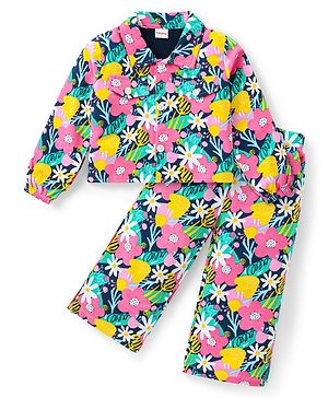 Babyhug Cotton Knit Full Sleeves Floral Printed Shirt Style Top & Lounge Pants Co-Ord Set - Multicolor