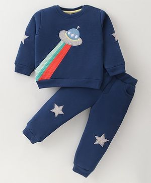 ToffyHouse 100% Knitted Cotton Full Sleeves Winter Wear Suit With Space Theme Embroidery - Navy