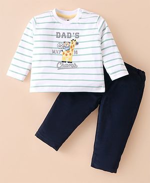 ToffyHouse 100% Cotton Knit Full Sleeves Striped T-Shirt & Lounge Pants Set With Text & Animals Embroidery - White & Navy