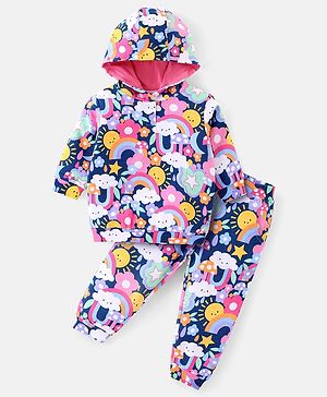 Babyhug Cotton Knit Full Sleeves Hooded Top & Lounge Pants Co-Ord Set With Floral Print - Pink