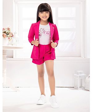 TINY BABY Synthetic Three Fourth Sleeves Striped Jacket & Shorts With Tee - Pink