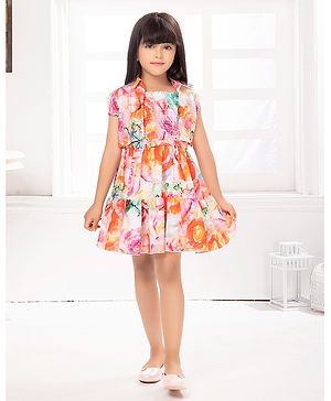 TINY BABY Synthetic Half Sleeves Abstract Printed Dress With Belt And Jacket - Orange