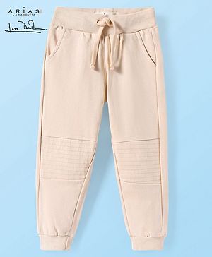 Arias Cotton Knit Stretch Looper Full Length Solid Jogger with Quilted Knee Patch - Beige