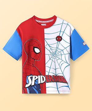 Pine Kids Marvel Terry Knit Drop Shoulder Sleeves T-Shirt with Spider Man Graphic and Patch - Red