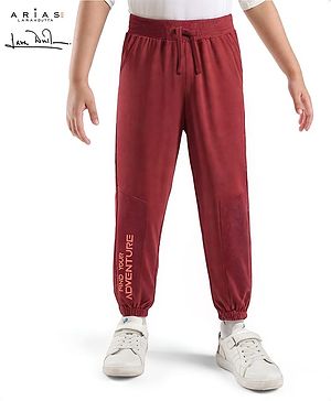 Arias Terry Knit Full Length Joggers With Text Print -Dark Red