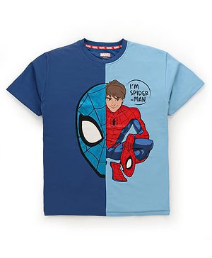 Pine Kids Marvel Terry Knit Half Sleeves Oversized Light Weight T-Shirt With Spiderman Graphics - Blue