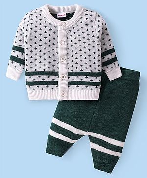 Babyhug Knitted Full Sleeves Front Open Sweater Set With Polka Dot Design - Green & White