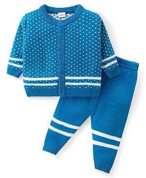 Babyhug Knitted Full Sleeves Front Open Sweater Set with Polka Dot Design - Aqua Blue