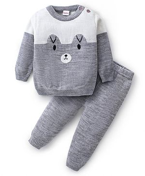 Babyhug Knitted Full Sleeves Pullover Sweater Set with Teddy Bear Design - Grey & White