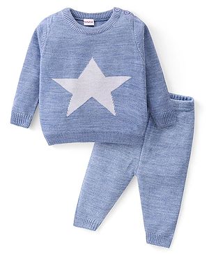 Babyhug Knitted Full Sleeves Pullover Sweater Set With Star Design - Aqua Blue