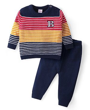 Babyhug Knitted Full Sleeves Pullover Sweater Set With Stripes Design - Multi Colour