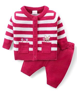 Babyhug Knitted Full Sleeves Front Open Sweater Set With Stripes & Floral Embroidery - Pink