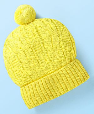 Babyhug Knit Woollen Cap With Pom Pom Applique - Yellow
