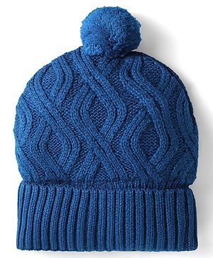 Babyhug Knit Woollen Cable Knit Design Cap With Pom Pom Applique Royal Blue - Diameter 11.5 cm
