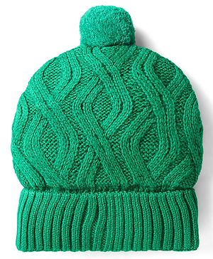 Babyhug Knit Woollen Cable Knit Design Cap With Pom Pom Applique Green - Diameter 11 cm