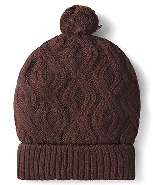 Babyhug Knit Woollen Cable Knit Design Cap With Pom Pom Applique Brown - Diameter 11.5 cm