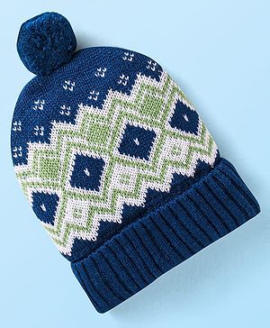 Babyhug Knit Woollen Cap With Pom Pom Applique & Argyle Design - Navy Blue