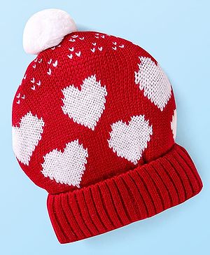 Babyhug Knit Woollen Cap With Pom Pom Applique & Heart Design - Red