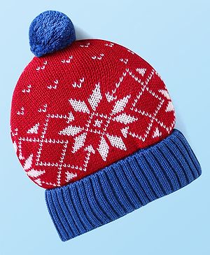 Babyhug Knit Woollen Cap With Pom Pom Applique & Design - Red