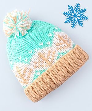 Babyhug Cable Knit Design Woollen Cap with Pom Pom Green & Beige - Diameter 20cm