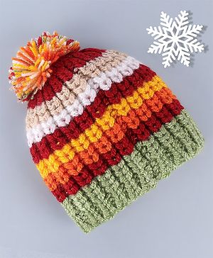 Babyhug Cable Knit Design Woollen Cap with Pom Pom - Yellow & Green