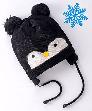 Babyhug Penguin Design Woollen Cap with Knot - Black