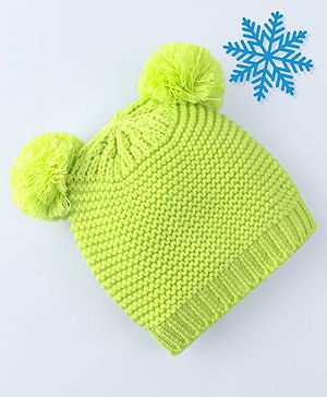 Babyhug Cable Knit Design Woollen Cap with Pom Pom Neon Green - Diameter 20cm