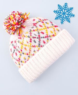 Babyhug Cable Knit Design Woollen Cap with Pom Pom - White & Red