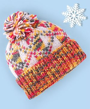 Babyhug Knitted Woollen Design Cap with Pom Pom Detailing - White & Red