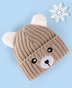 Babyhug Cable Knit Woollen Cap with Ear Applique - Beige