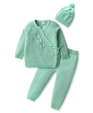 Babyhug Cotton Knit Full Raglan Sleeves Sweater Set with Cap - Sea Green